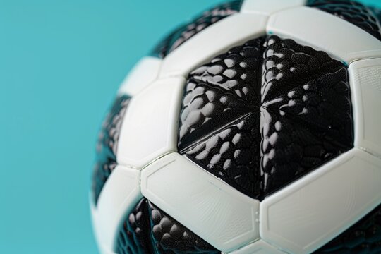 black and white stitched leather soccer ball displayed on a bright blue background