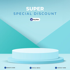 super special discount template banner with blank space 3d podium for product sale with abstract gradient blue background design