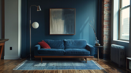 Modern living room, Blue colors, Sofa. Interior design.