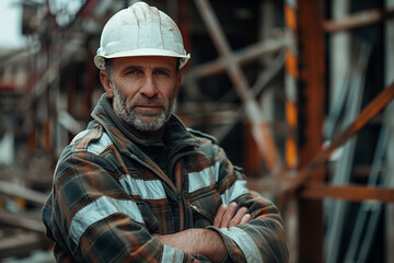 Portrait of mature civil engineer man wearing white hard hat and worker's uniform posing with crossed arms