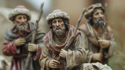 Obraz premium Create figures of shepherds holding their staffs, wearing traditional garb, with detailed facial expressions of humility and faith