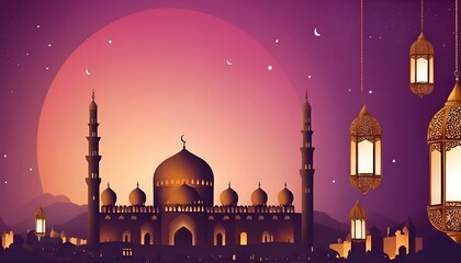 Ramadan Kareem islamic design crescent moon and mosque dome silhouette with arabic pattern and lantern