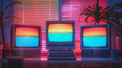 Classic CRT monitors with colorful stripes in nostalgic room - obrazy, fototapety, plakaty