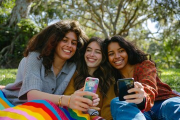 happy diverse three female friends picnic at park