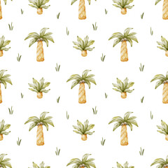 Fototapeta na wymiar Palm trees and leaves in baby style. Tropical botanical background. Watercolor seamless pattern for design kid's goods cards, postcards, fabric, scrapbooking, office supplies