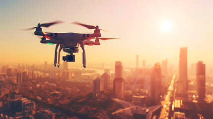 Drone flying in the sky over the city for surveillance and security in cities. Futuristic concept