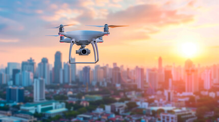 Drone flying in the sky over the city for surveillance and security in cities. Futuristic concept - obrazy, fototapety, plakaty