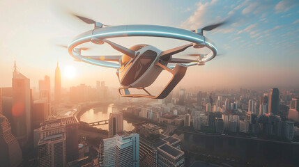 Futuristic unmanned passenger drone flying in the sky over modern city with skyscrapers. - obrazy, fototapety, plakaty