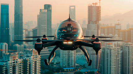 Futuristic unmanned passenger drone flying in the sky over modern city with skyscrapers.