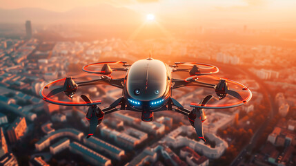 drone flying in the sky. Concept transportation of the future, alternative means of transportation.