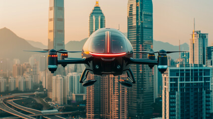 Futuristic unmanned passenger drone flying in the sky over modern city with skyscrapers. - obrazy, fototapety, plakaty