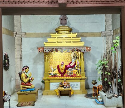 Somnath, Gujarat India - Feb 22 2024: Bhalka Tirth Temple - Intricately carved temple with a peepal tree associated with Krishna, on a famed pilgrimage route.