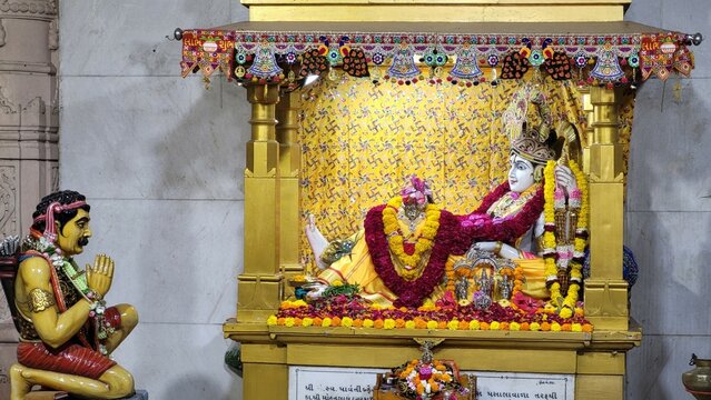 Somnath, Gujarat India - Feb 22 2024: Bhalka Tirth Temple - Intricately carved temple with a peepal tree associated with Krishna, on a famed pilgrimage route.