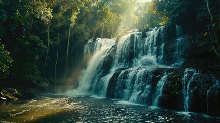 Panoramic beautiful deep forest waterfall in Thailand - obrazy, fototapety, plakaty