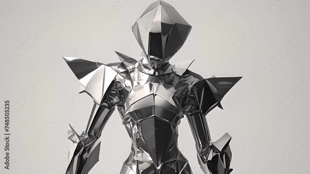 Poster a metallic silver bodysuit with sharp angles and exaggerated shoulders evoking the image of a powerf