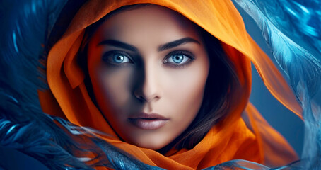 Double exposure of fashion Arabian woman in traditional orange Muslim clothing with blue eyes. Beautiful female portrait