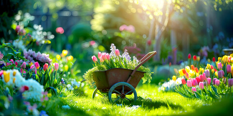 Spring garden with grass and flower. Panorama