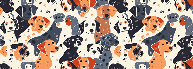 Pattern of dogs of different colors. Colorful funny background with pets. Panorama
