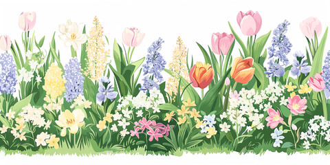 Spring flovers with grass on white background. Banner