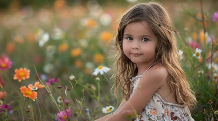 A Little Girl's Delight in a Field of Flowers Generative AI