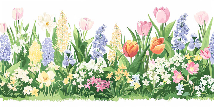 Spring flovers with grass on white background. Banner