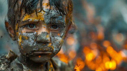 Muddy-Faced Child with Fire in Background Generative AI
