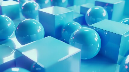 3d background with image of abstract spheres and cubes. Blue banner with the image of shapes balls and cubes.