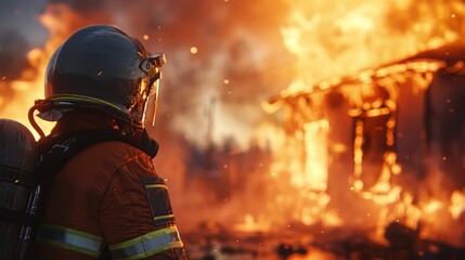 Firefighter in front of a burning house.