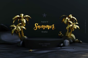 Summer Background Template Composition With Podium Stage Palm Trees Beach Objects Dark Scene 3