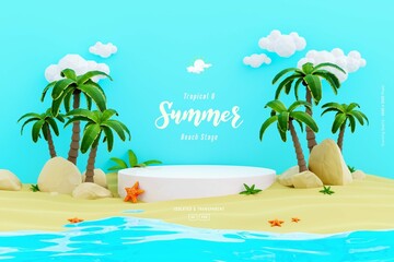 Fototapeta na wymiar Summer Background Template Composition With Cute Podium Stage Palm Trees Beach Objects 4