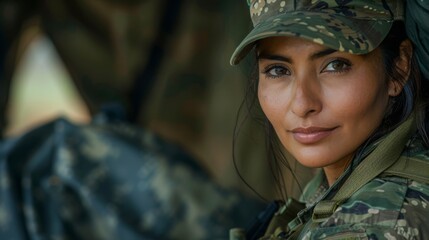 Woman in the army, portrait of a female soldier in military uniform - obrazy, fototapety, plakaty