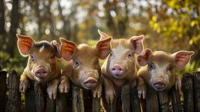 Quartet of swine friends huddle at the fence, eager for attention