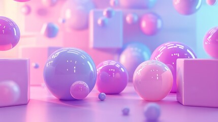 3d background with image of abstract purple, violet, pink and magenta balls spheres and cubes.