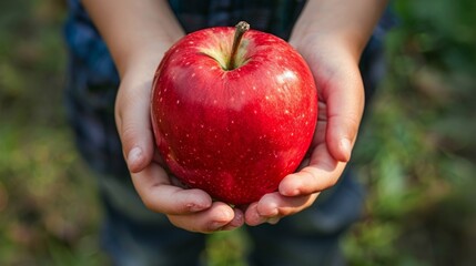 A young boy holds a big red apple in his hands, a symbol of health Generative AI
