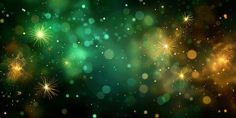 green and gold light bokeh fireworks background,Happy New Year, Beautiful creative holiday background with fireworks and Sparkling on green background, space for text	
