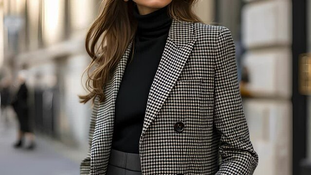 A tailored blazer with a houndstooth print paired with sleek black trousers and a turtleneck for a chic 50sinspired office look.