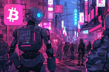 Robots navigate the bustling streets of future cities trading Bitcoins in neon lit exchanges - obrazy, fototapety, plakaty