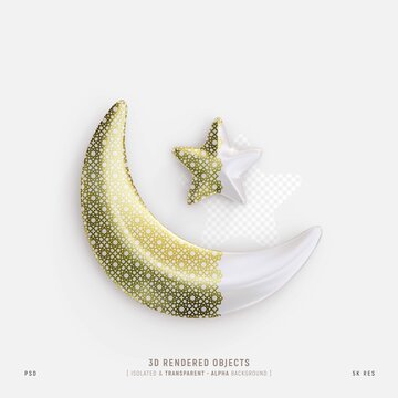 Islamic Cute Crescent Moon Star Isolated 3D Rendering 2