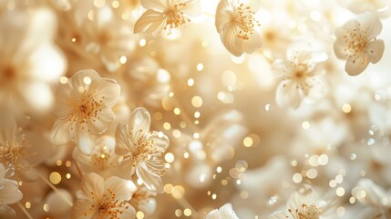 Amidst the shimmering allure of white and gold wallpaper, the beauty of white and golden flowers enchants the surroundings