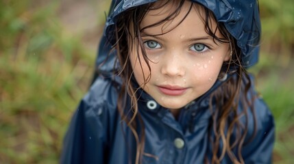 Young Girl in Raincoat with Wet Face Generative AI