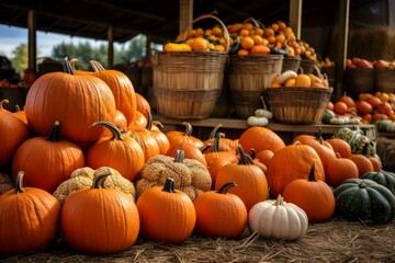 Bustling Pumpkin farmer market. Autumn market food. Generate Ai