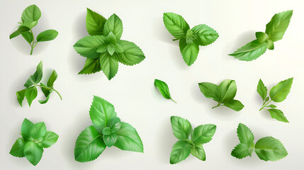 Basil Leaves Various green basil leaves  Isolated on White Background Mint Leafs

 - obrazy, fototapety, plakaty