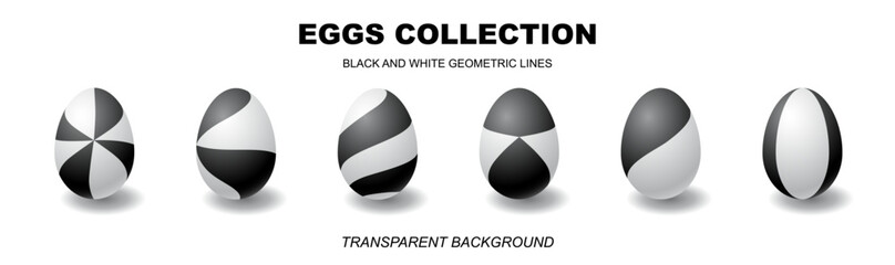 Black and white eggs collection with 3d realistic style geometric lines isolated on a transparent white background