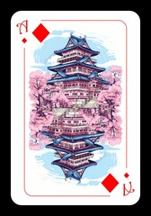 Original design of the ace of diamonds. Ace of diamonds with the image of asian style pagoda. AI generated