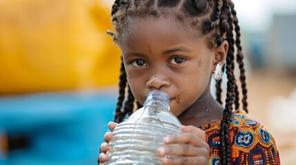 Young African Girl Quenches Her Thirst Generative AI - obrazy, fototapety, plakaty