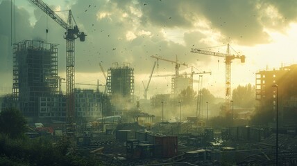 Urban development under cloudy heavens with cranes towering in the background