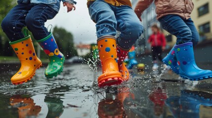 Children's Rain Boots Splashing in Puddles Generative AI - obrazy, fototapety, plakaty
