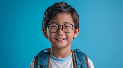 Smiling Asian Boy with Backpack and Glasses Generative AI