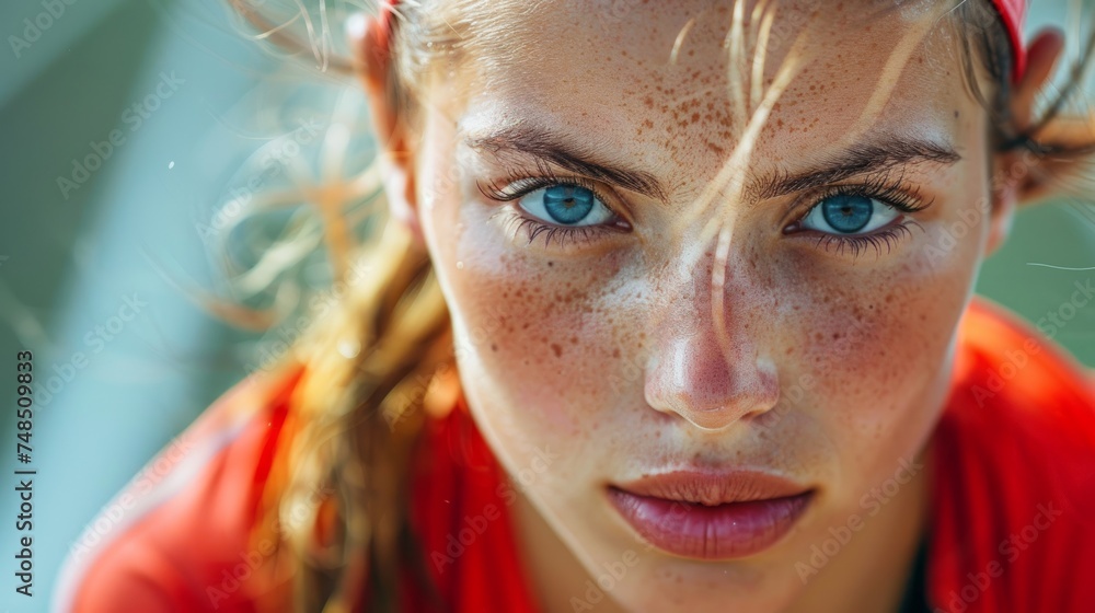 Poster female track and field athlete in dynamic pose generative ai