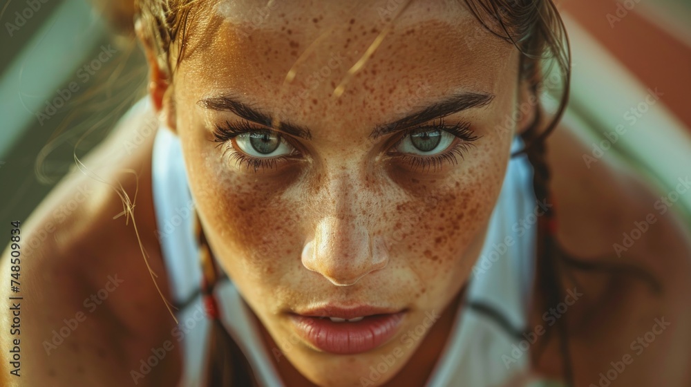 Poster female track and field athlete in dynamic pose generative ai